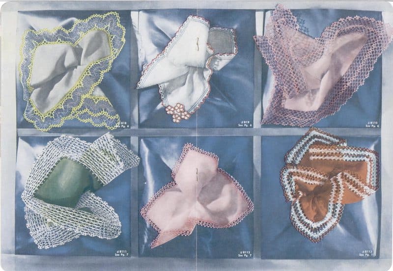 Centre pages of the 1951 leaflet showing handkerchief edgings #818–#8113, including the narrow pink edging #8112.