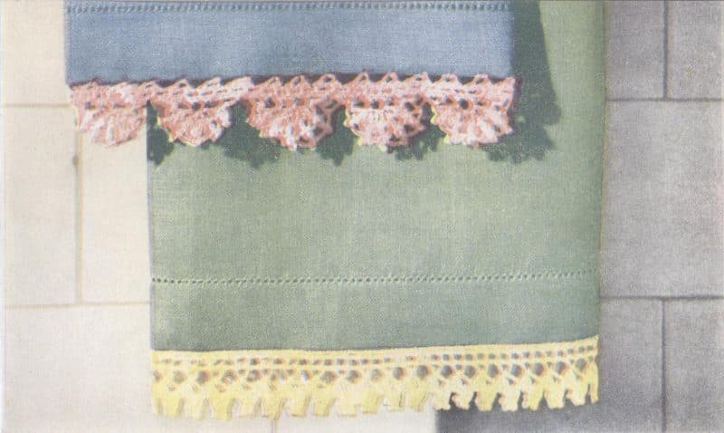 Page 13 of the 1951 leaflet showing the shaded yellow guest towel edging #8116 and pineapple pillowcase edging #8118.