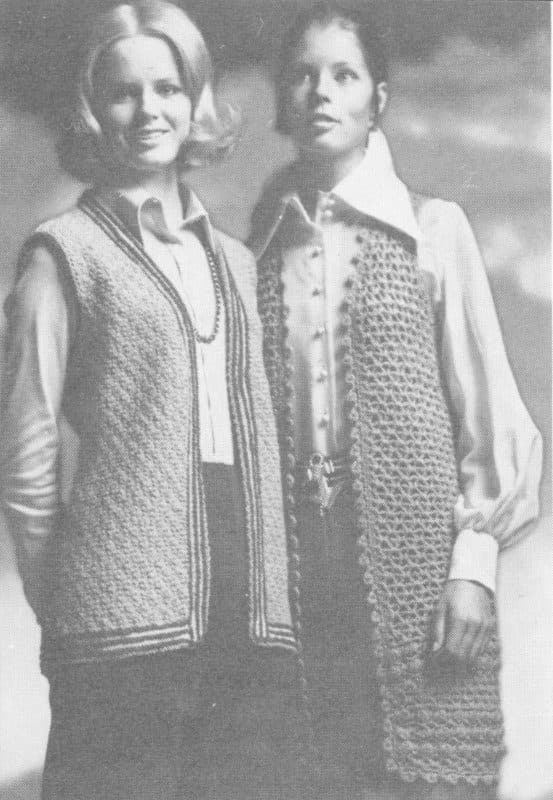 Long crochet sleeveless cardigan (right) as photographed in the booklet, beside the knitted jacket