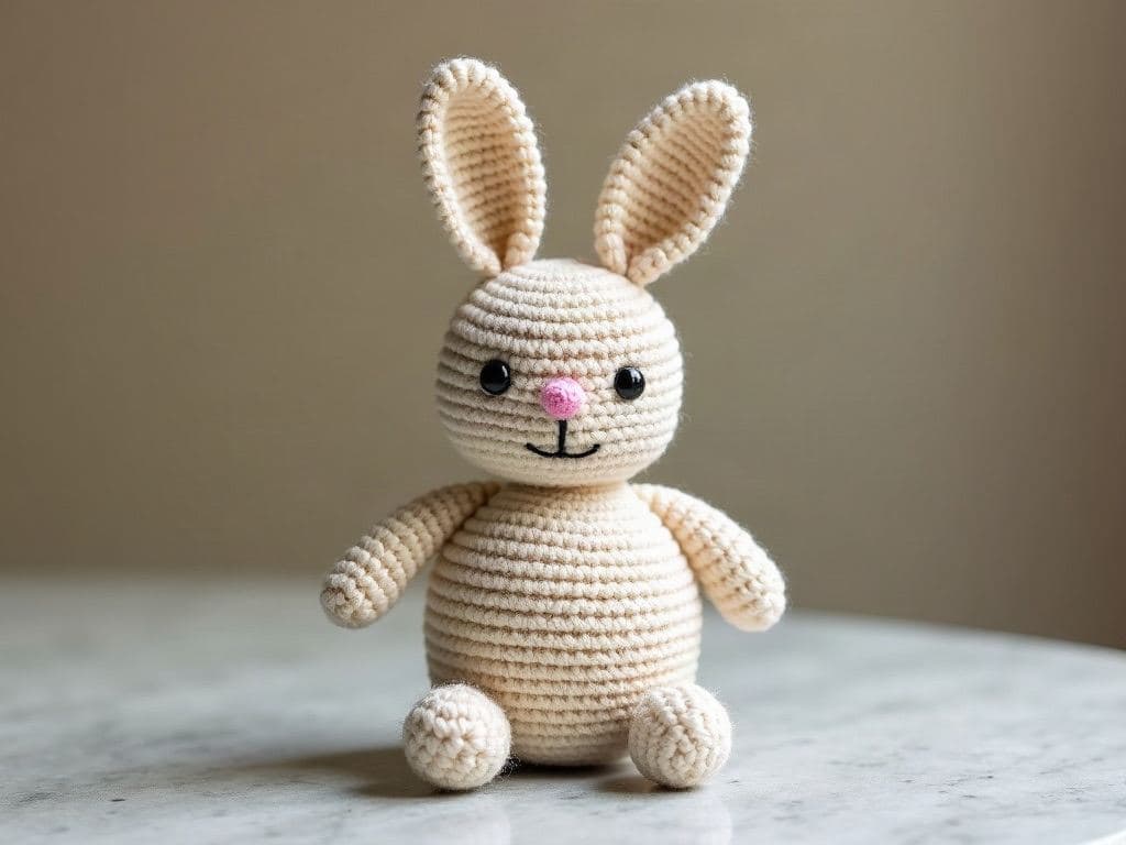 Crochet amigurumi bunny shaped like a smooth oatmeal-coloured ball the size of a tennis ball, sitting directly on the table, with two long ears on top, black eyes and a pink nose, legless and armless like a round pompom creature