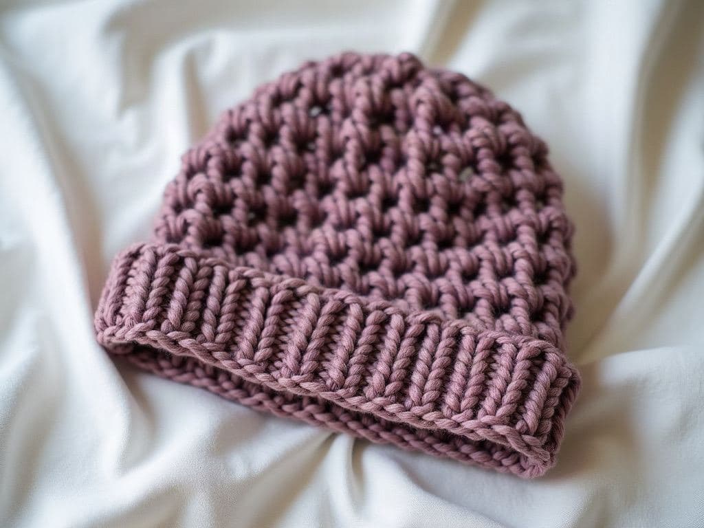 Relaxed heather mauve slouchy crochet beanie with a ribbed brim