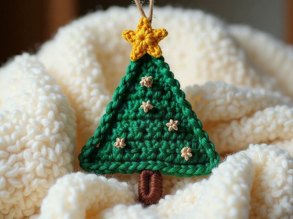 Flat triangular crochet Christmas tree ornament in pine green with a brown trunk and a gold star, hanging from twine