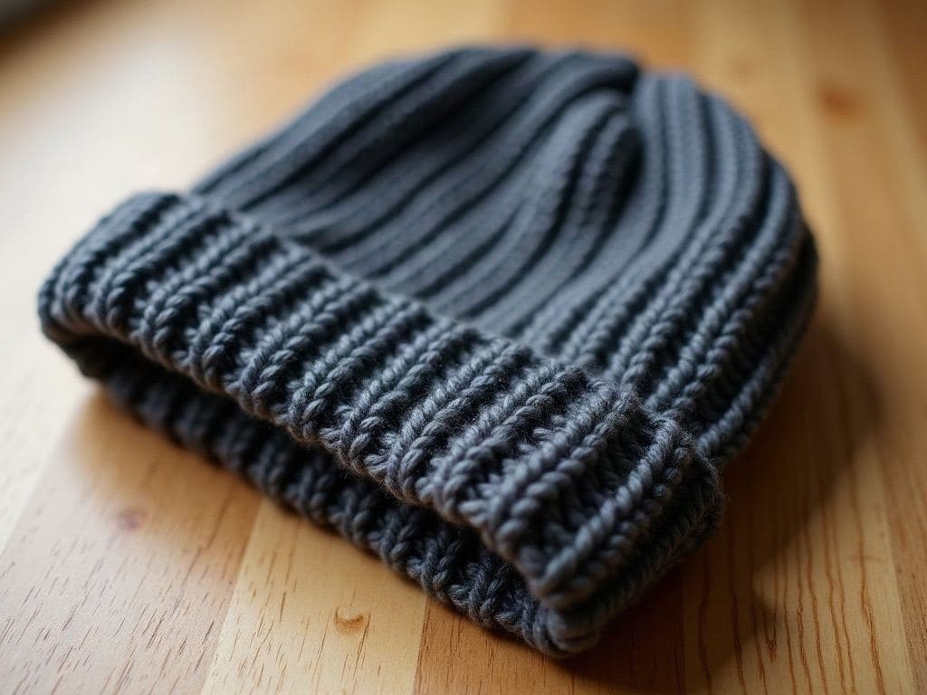 Chunky charcoal grey crochet beanie with vertical ribbed texture, folded brim, lying flat