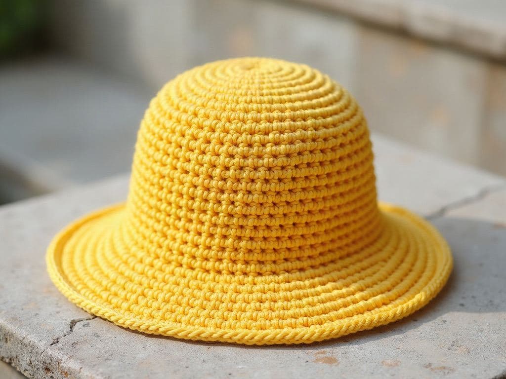 Butter-yellow cotton crochet bucket hat with a short brim made in tight single crochet