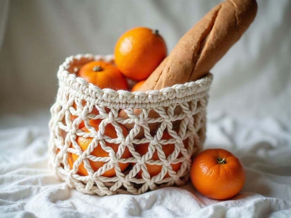 Natural undyed cotton crochet mesh market bag with open net stitches, holding oranges and a baguette