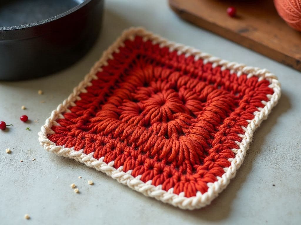 Square double-thickness crochet pot holder in tomato red with a cream edging, next to a cast iron pan