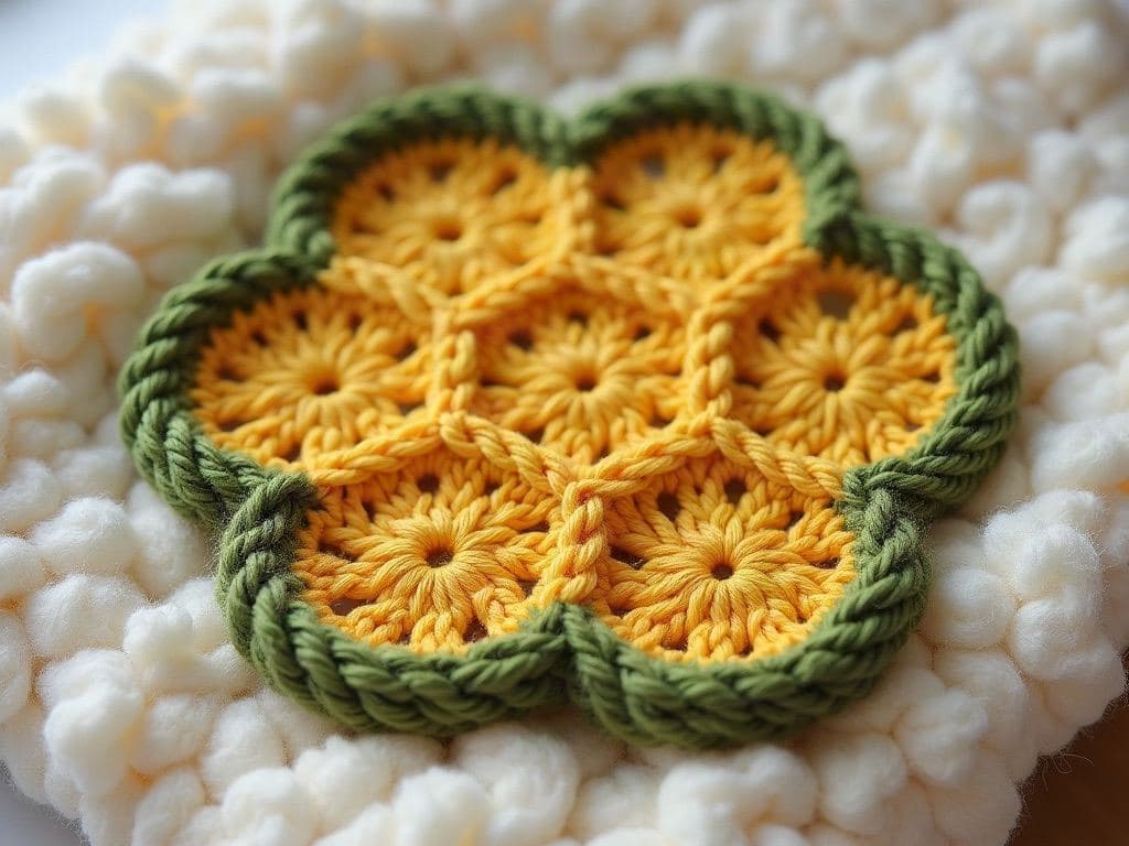 Flat crochet motif shaped exactly like a honeycomb cell: a regular hexagon with six straight sides, honey yellow inner rounds and a moss green border, plain clusters of stitches, similar to a hexagonal coaster