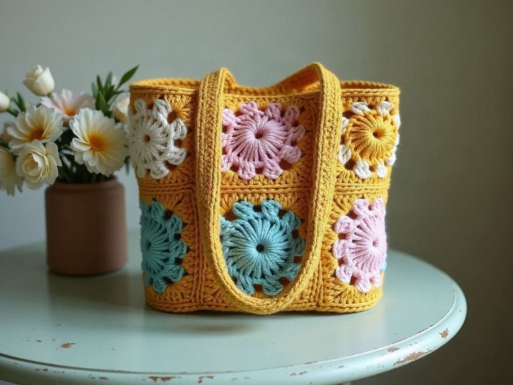 Crochet tote bag made from eight granny squares in mustard, teal, blush and cream with two long handles