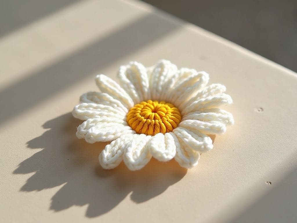 Small flat crochet daisy with ten white petals and a yellow centre