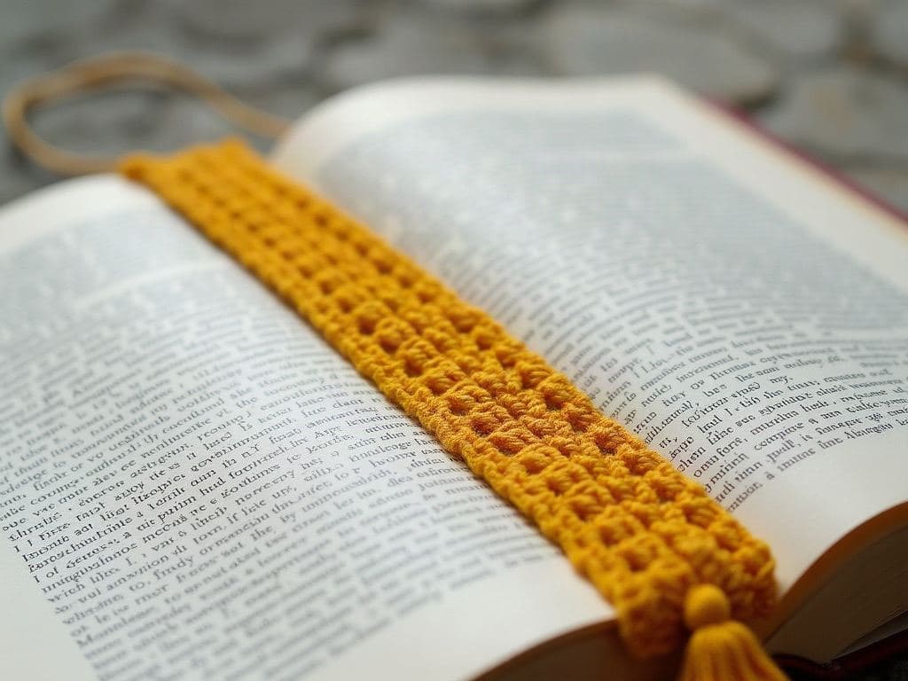 Narrow flat straight rectangular mustard yellow crochet bookmark strip with parallel raised vertical ribs and a small tassel at one end, lying across an open book, not braided