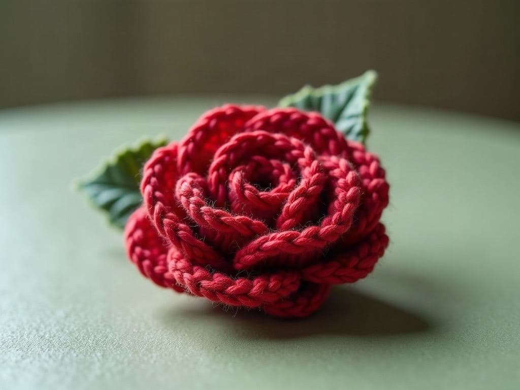 Small rolled crochet rose flower in rose red yarn
