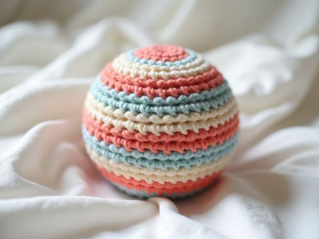 Soft round crochet baby ball toy with stripes of coral, aqua and cream