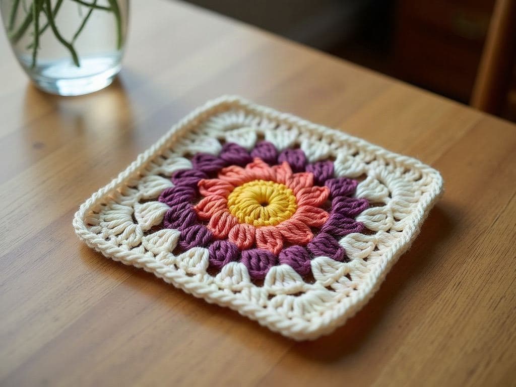 Single flat crochet sunburst granny square with a yellow centre, coral puff ring, plum round and cream square edge