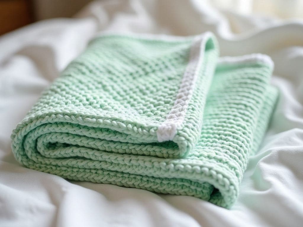 Soft mint green crochet baby blanket with airy V-stitch texture and a white border, folded in a nursery